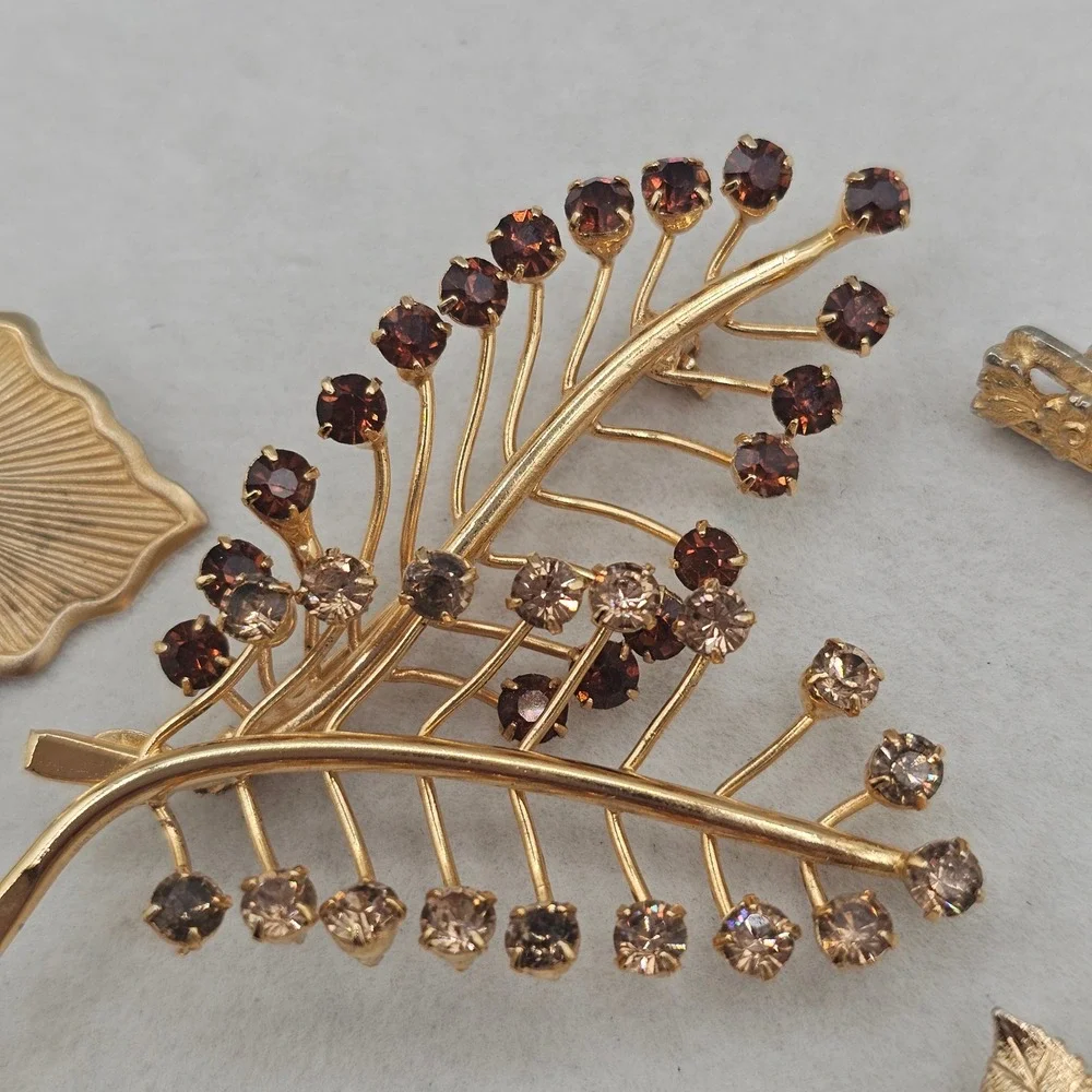 Vintage Rhinestone Brooch Lot Gold Tone Butterfly Leaf Nature Botanical 5pc